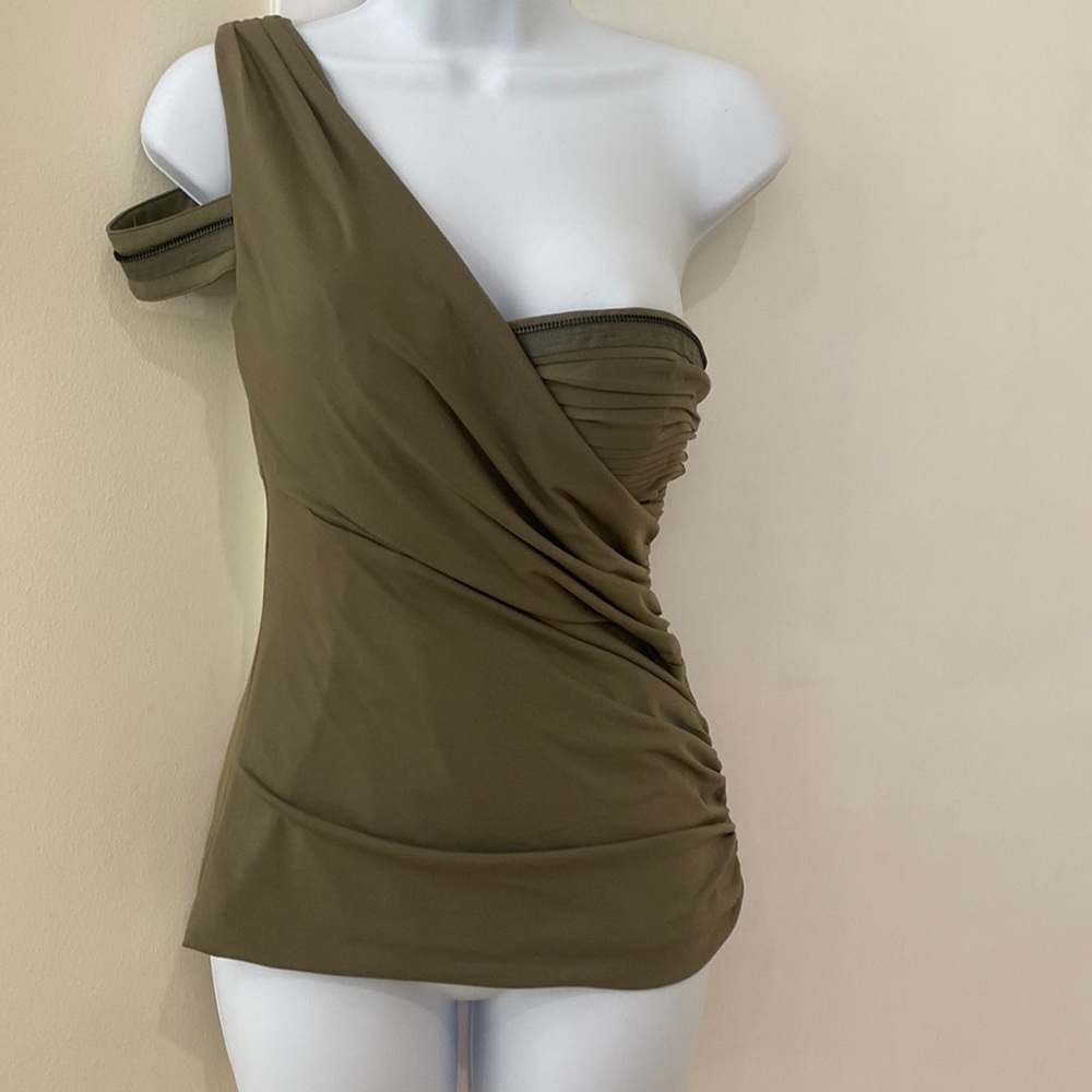Bebe army green one sleeve top with chrome zipper accent size small